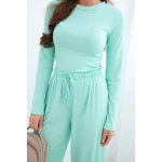 Komplet damski wiskozowy z bluzką i szerokimi spodniami miętowy-4