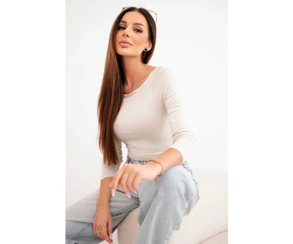 Bluzka damska wiskozowa z szerokim dekoltem i długim rękawem beżowa-1