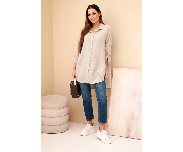 Koszula bawełniana muślinowa Plus Size ciemno beżowa-2
